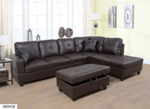 3 PC Sectional Sofa Set, (Brown) Faux Leather Right -Facing Chaise + Free Storage Ottoman - MEGAFURNISHING